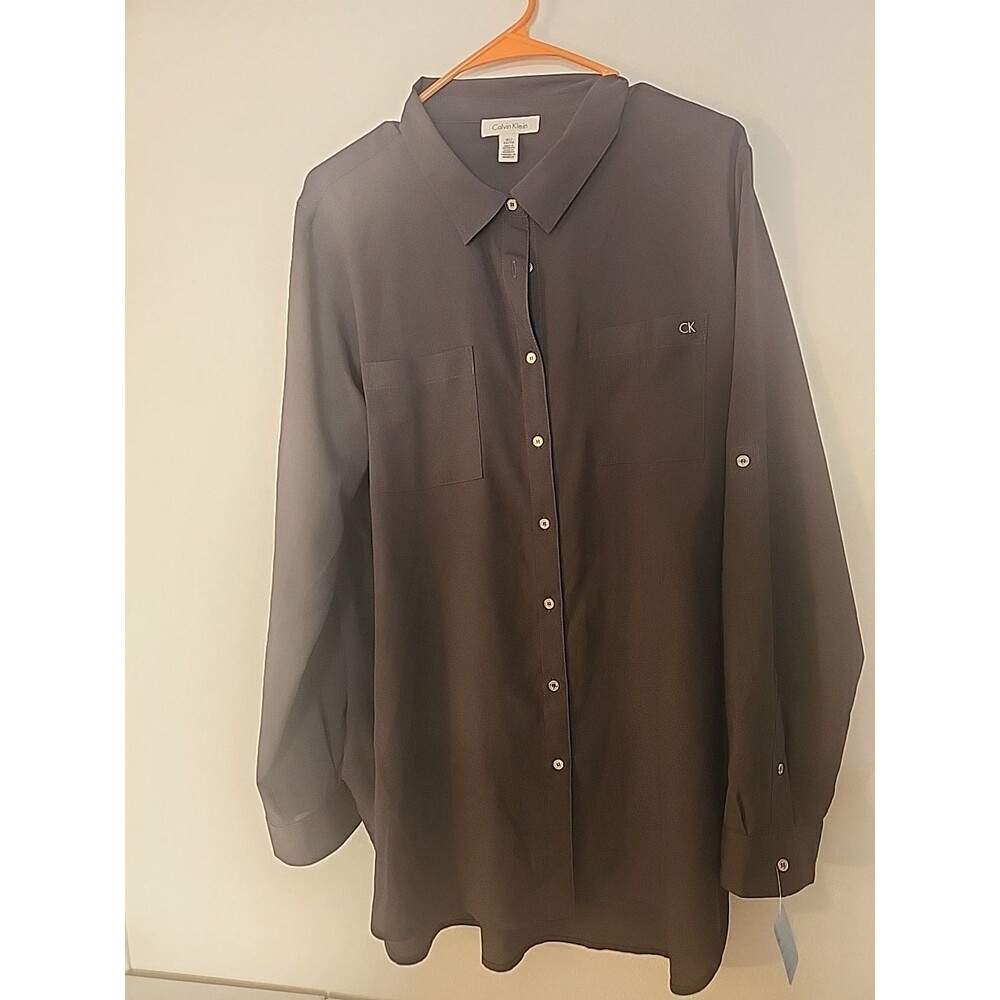 Calvin Klein Womens Solid Boyfriend Button Up Shirt Gray Size Extra Large